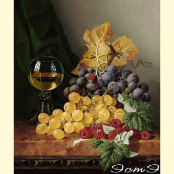 093 Still life with fruit and a glass on a marble ledge 