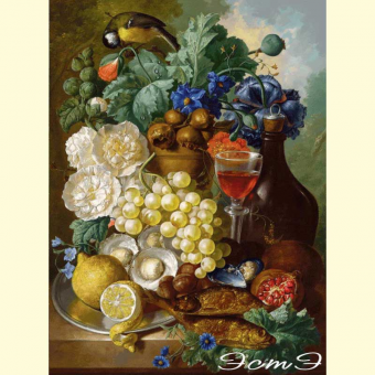 415 Still life with fruit and flowers, oysters, mussels