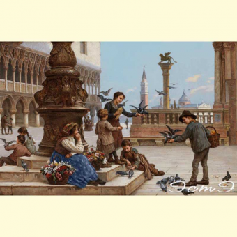 468 Venice. Children feeding pigeons