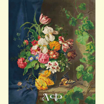 1040 Натюрморт с цветами, воробьём и виноградной лозой